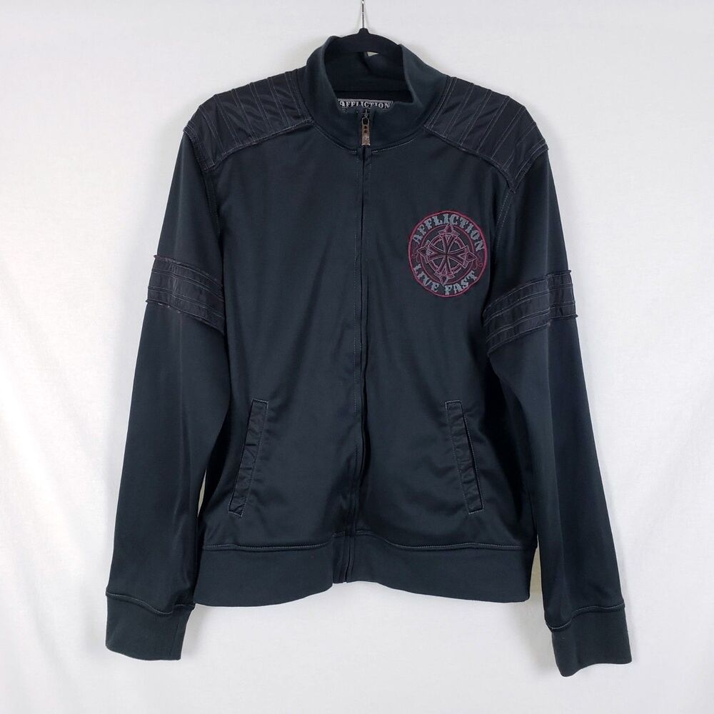 Affliction Buckle Embroidered Moto Jacket Mens L Embroidered Polyester Biker